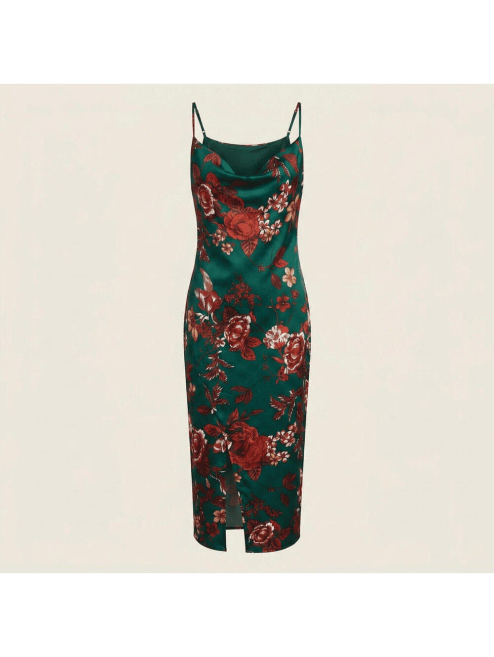 Pretty Little Thing Emerald Green Floral Strappy Satin Cowl Midi Dress Sz US 4